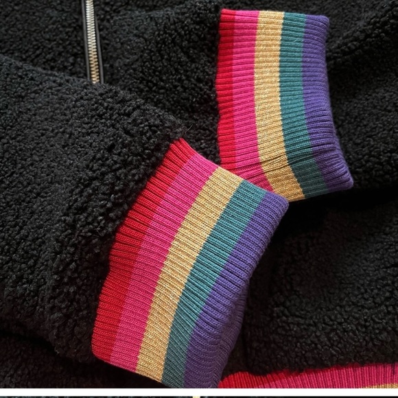Spiritual Gangster Cropped Furry Bomber Zip Jacket Rainbow Trim Black Size Large - Picture 8 of 12